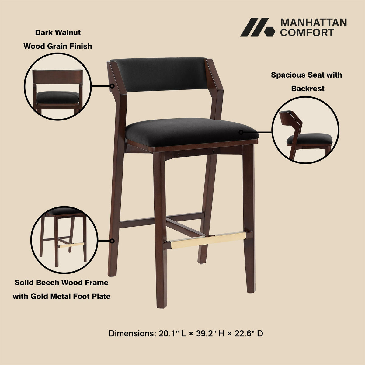 Bar-height barstool with backrest dark walnut wood with black cushion and gold foot plate on Tampa Home & Garden Store