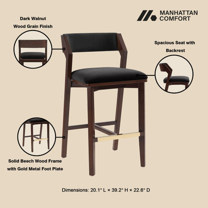 Bar-height barstool with backrest dark walnut wood with black cushion and gold foot plate on Tampa Home & Garden Store