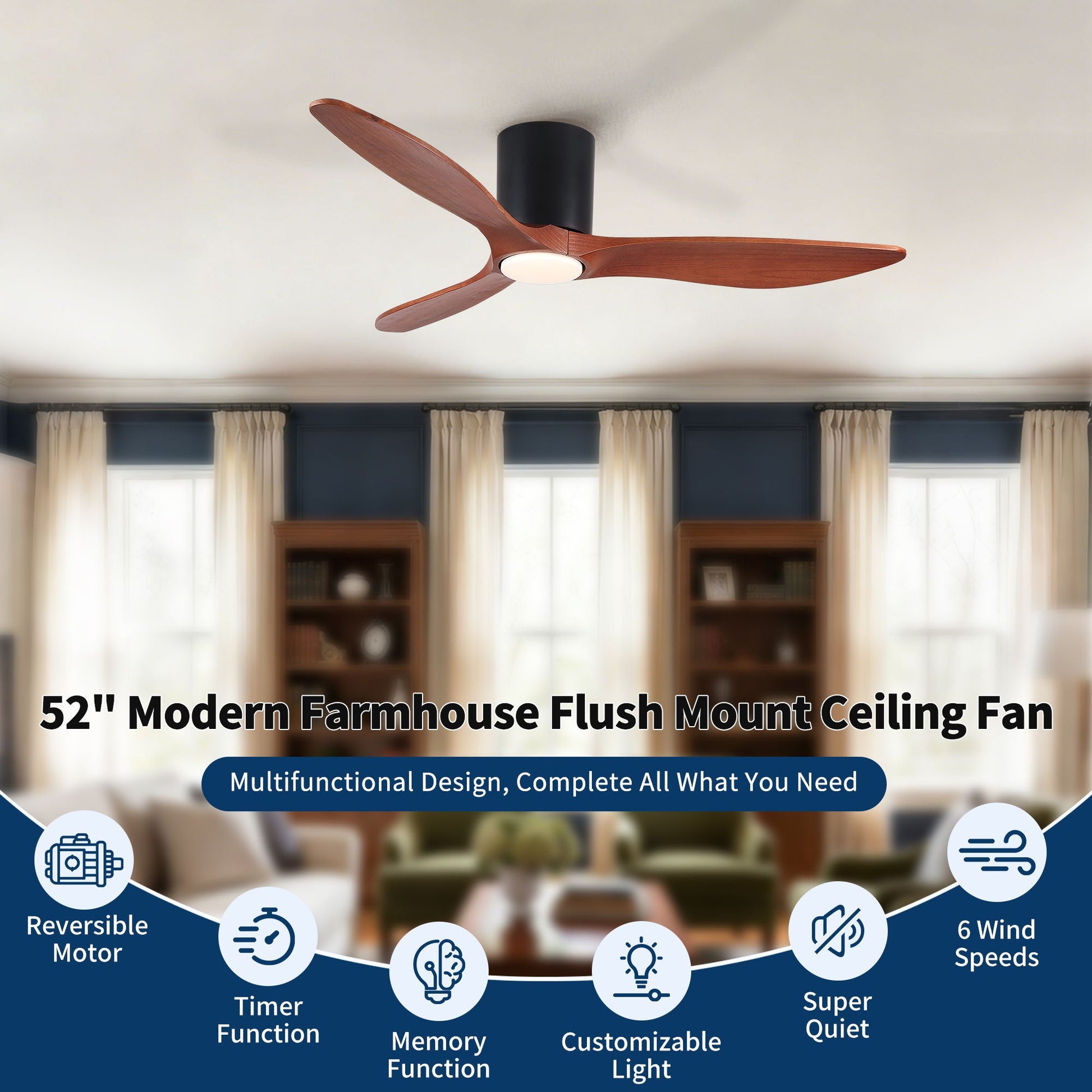 Ceiling fan flush mount with light, matte black reversible motor, wood blades HouseOfZazla on Tampa Home & Garden Store