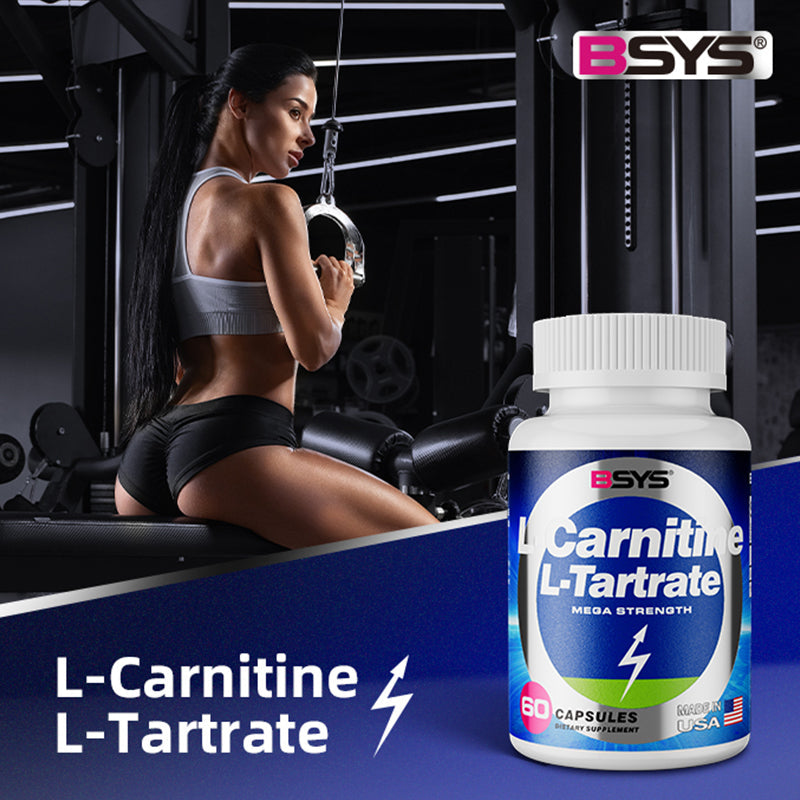 BSYS L-Carnitine L-Tartrate 60 capsules bottle with white and blue label in gym scene on Tampa Home & Garden Store