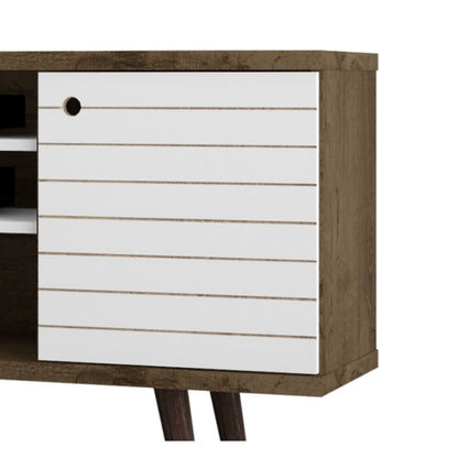 Free Standing Design TV Stand with Storage white slatted drawers, wood frame, angled legs on Tampa Home & Garden Store