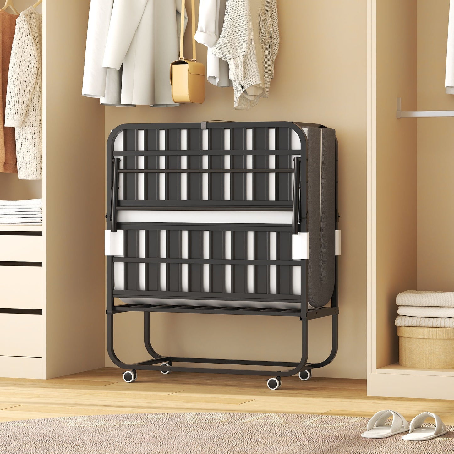 Twin folding bed on wheels with a black metal frame stored folded in a closet on Tampa Home & Garden Store