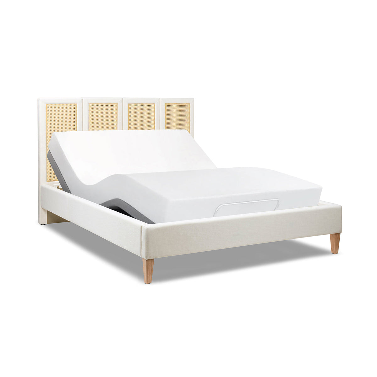 Toscana queen upholstered cane-back platform bed by HouseOfZazla in cream with cane panels on Tampa Home & Garden Store