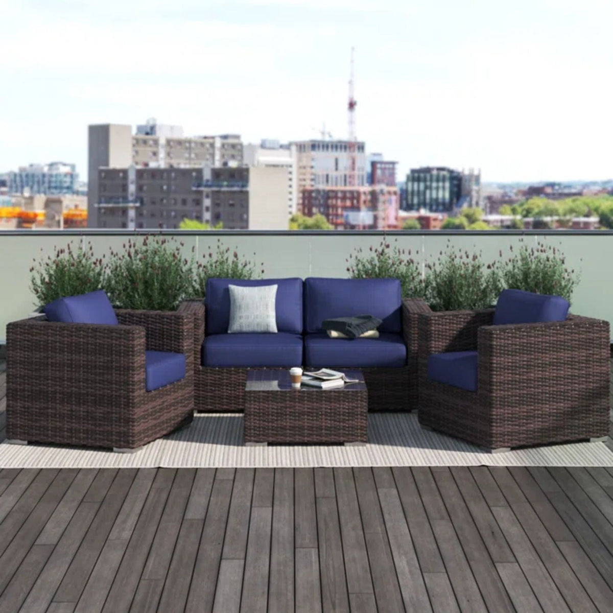 3 Piece Wicker Outdoor Seating Set with navy cushions and coffee table by HouseOfZazla on Tampa Home & Garden Store