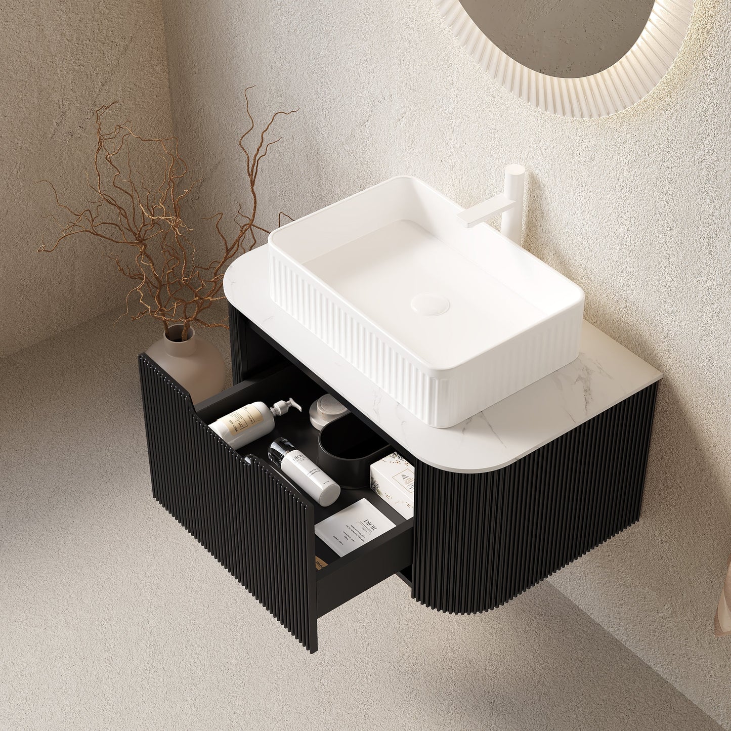 DINA 30in bathroom vanity and sink, floating cabinet with white basin atop black ribbed drawers on Tampa Home & Garden Store