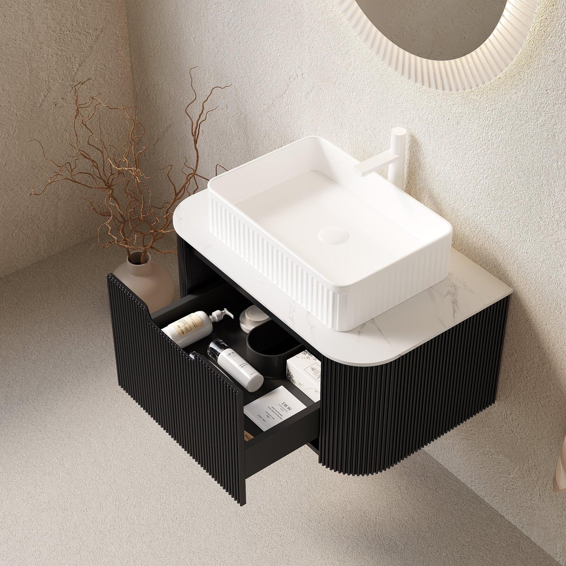 DINA 30in bathroom vanity and sink, floating cabinet with white basin atop black ribbed drawers on Tampa Home & Garden Store