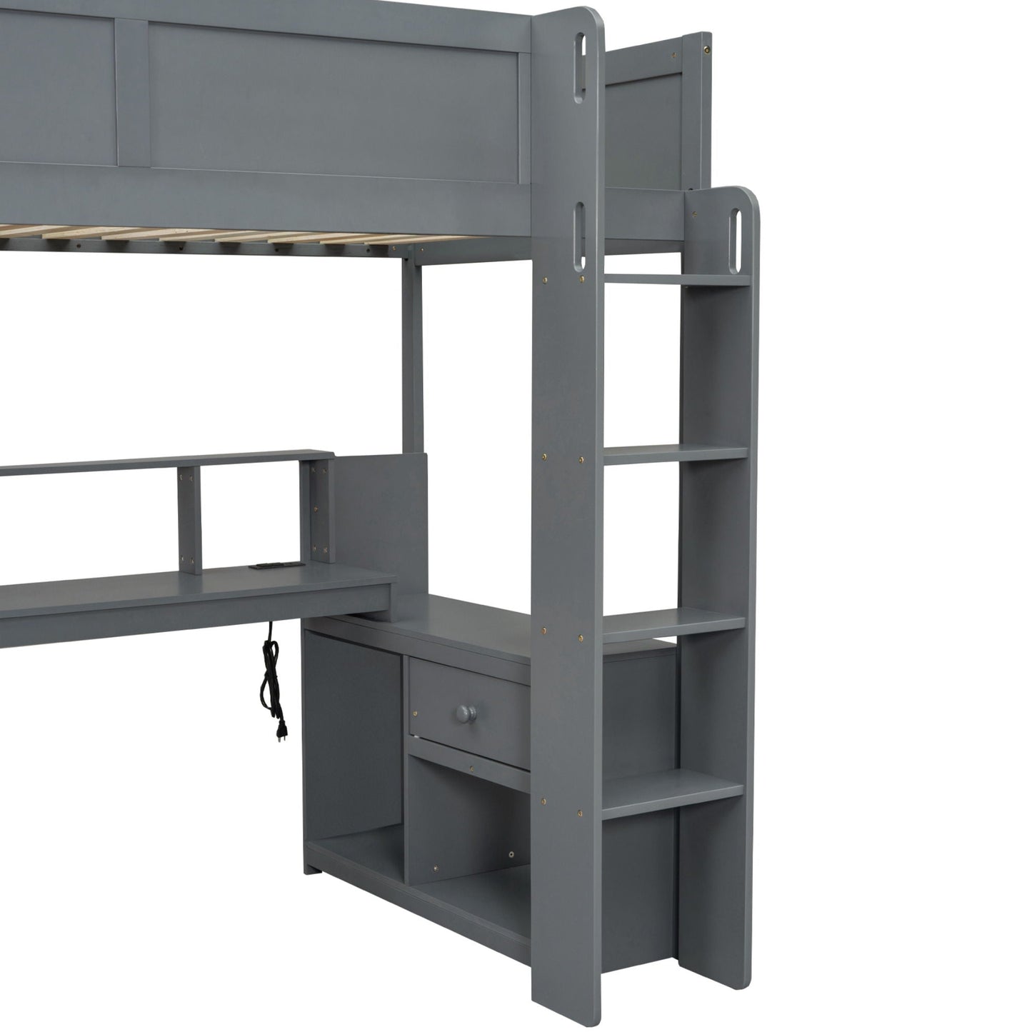 Gaming Loft Bed with Desk, gray metal frame and multi storage shelves on Tampa Home & Garden Store