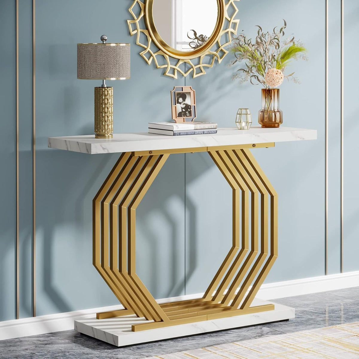 White and gold console table with faux marble top and geometric metal base by HouseOfZazla on Tampa Home & Garden Store