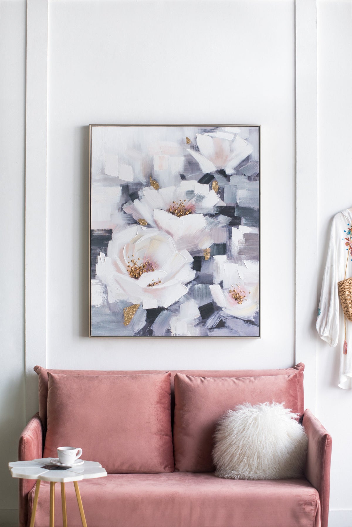 Wall Art Sarah Floral handpainted canvas in muted blue pink with gold accents HouseOfZazla on Tampa Home & Garden Store