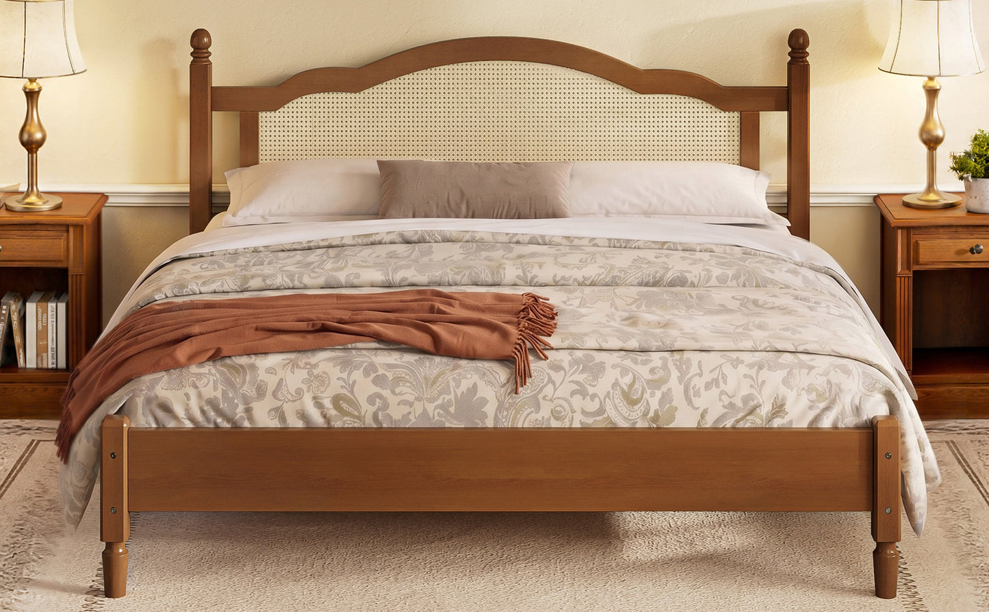 King Size Wooden Platform Bed with Rattan Headboard in warm wood; two nightstands, HouseOfZazla on Tampa Home & Garden Store