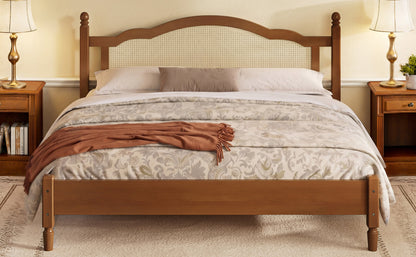King Size Wooden Platform Bed with Rattan Headboard in warm wood; two nightstands, HouseOfZazla on Tampa Home & Garden Store