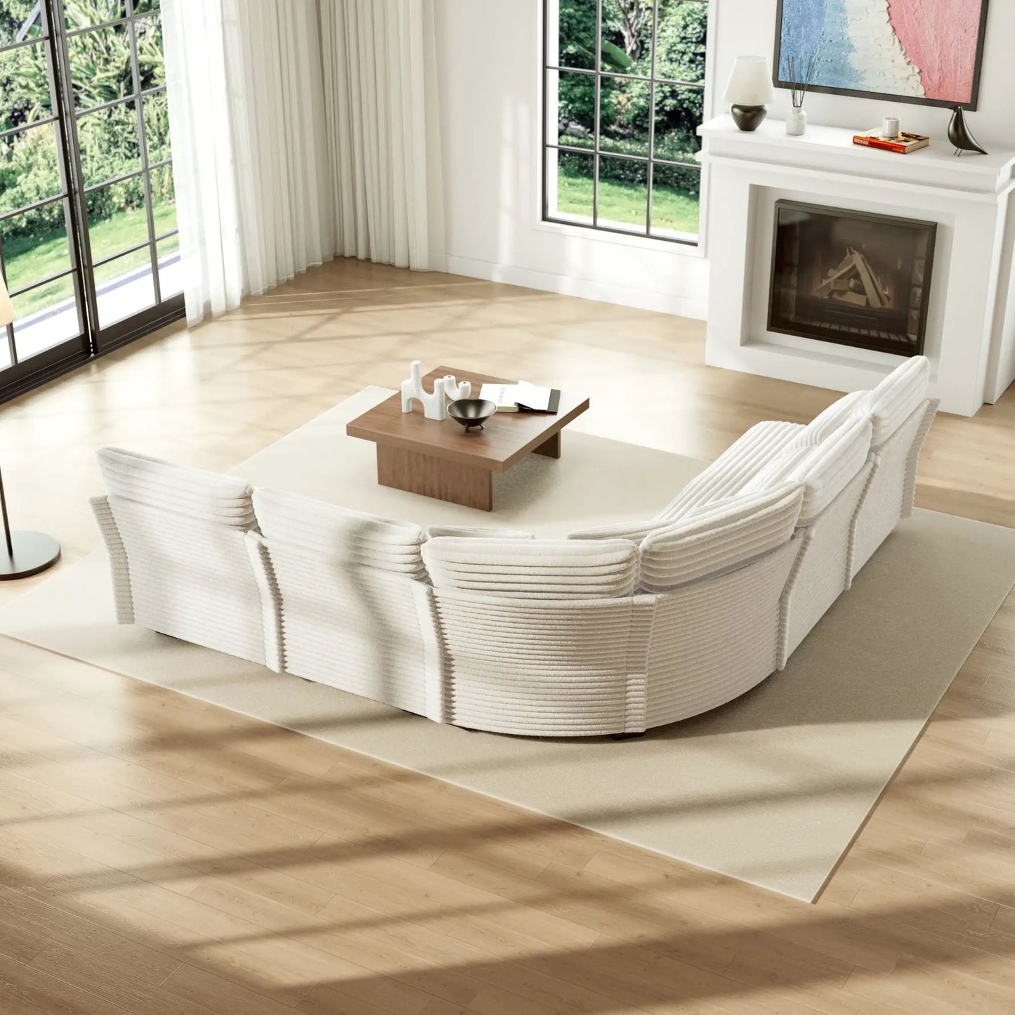 Unique Piece Furniture 5 Seater L-Shaped Sectional Sofa with Curved Corner in white fabric, 7 pillows on Tampa Home & Garden Store