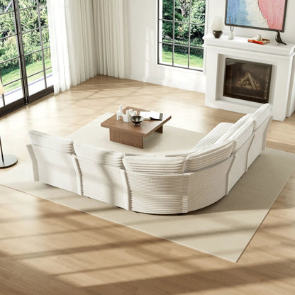 Unique Piece Furniture 5 Seater L-Shaped Sectional Sofa with Curved Corner in white fabric, 7 pillows on Tampa Home & Garden Store