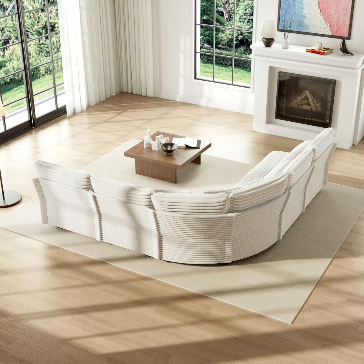 5 Seater L-shaped curved corner sectional sofa white fabric with 7 pillows HouseOfZazla on Tampa Home & Garden Store