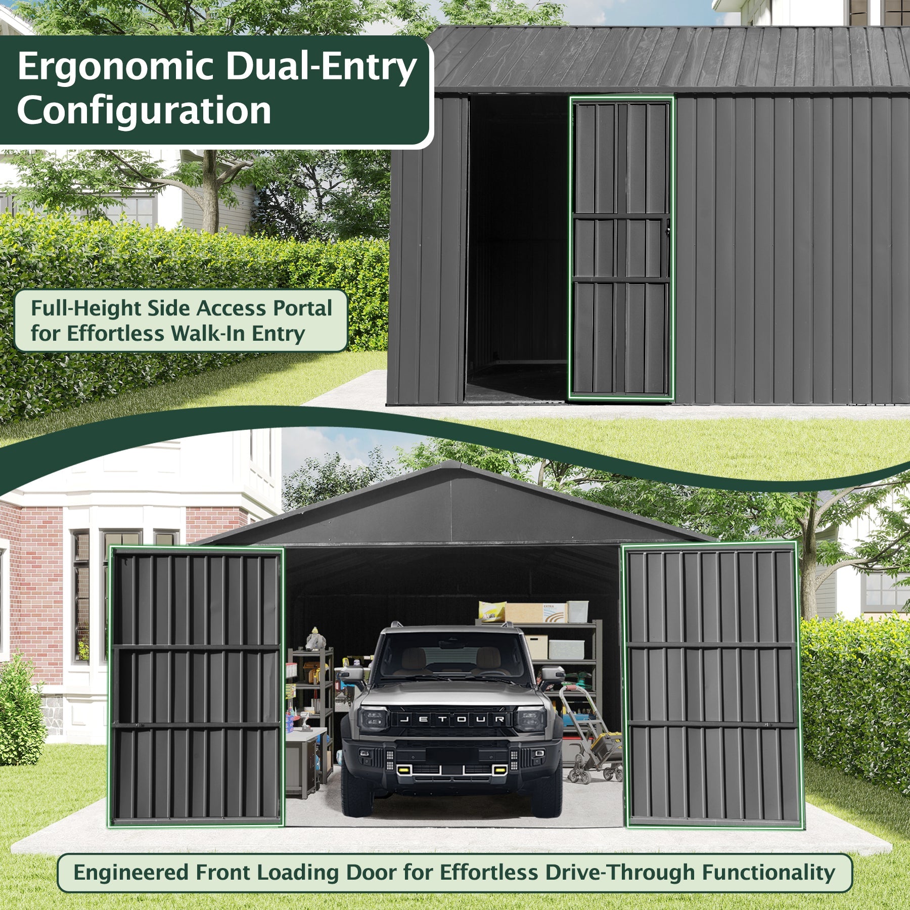 12x15ft Outdoor Metal Garage Shed by HouseOfZazla with dual-entry doors and green trim on Tampa Home & Garden Store