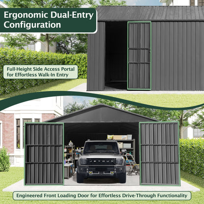 12x15ft Outdoor Metal Garage Shed by HouseOfZazla with dual-entry doors and green trim on Tampa Home & Garden Store