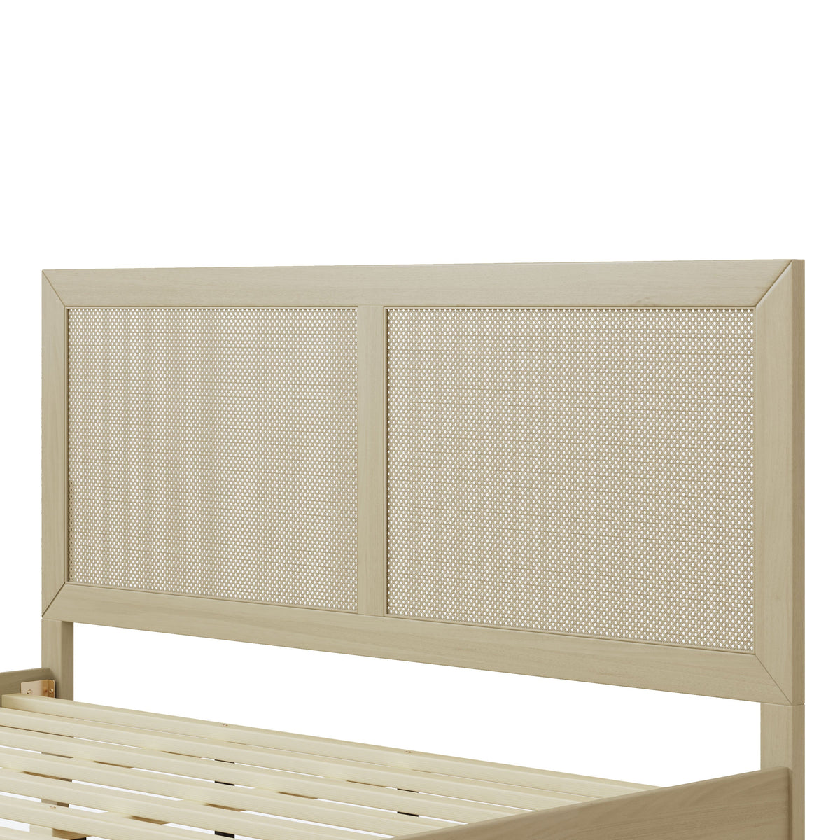 Solid wood platform king bed with rattan panels in light natural finish by HouseOfZazla on Tampa Home & Garden Store