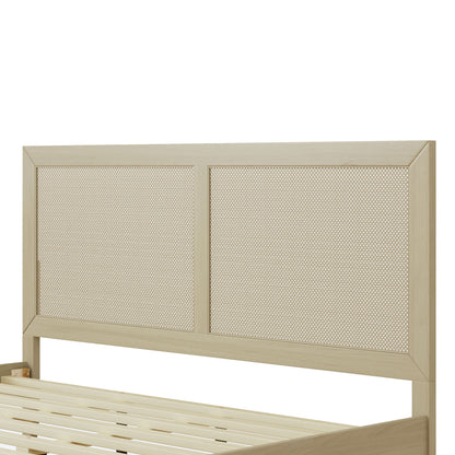 Solid wood platform king bed with rattan panels in light natural finish by HouseOfZazla on Tampa Home & Garden Store