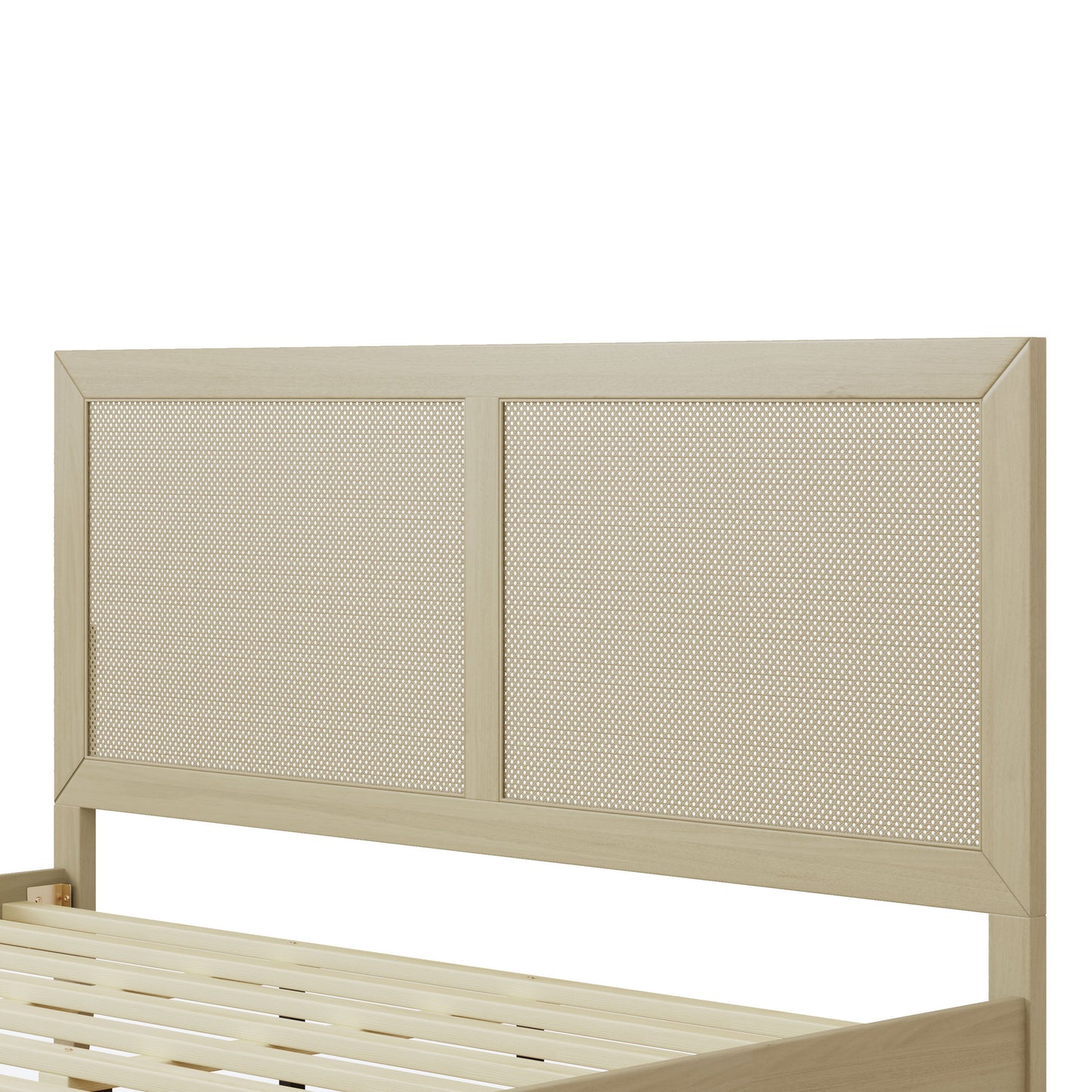 California King solid wood bed with caned rattan panels, light finish, HouseOfZazla platform bed on Tampa Home & Garden Store
