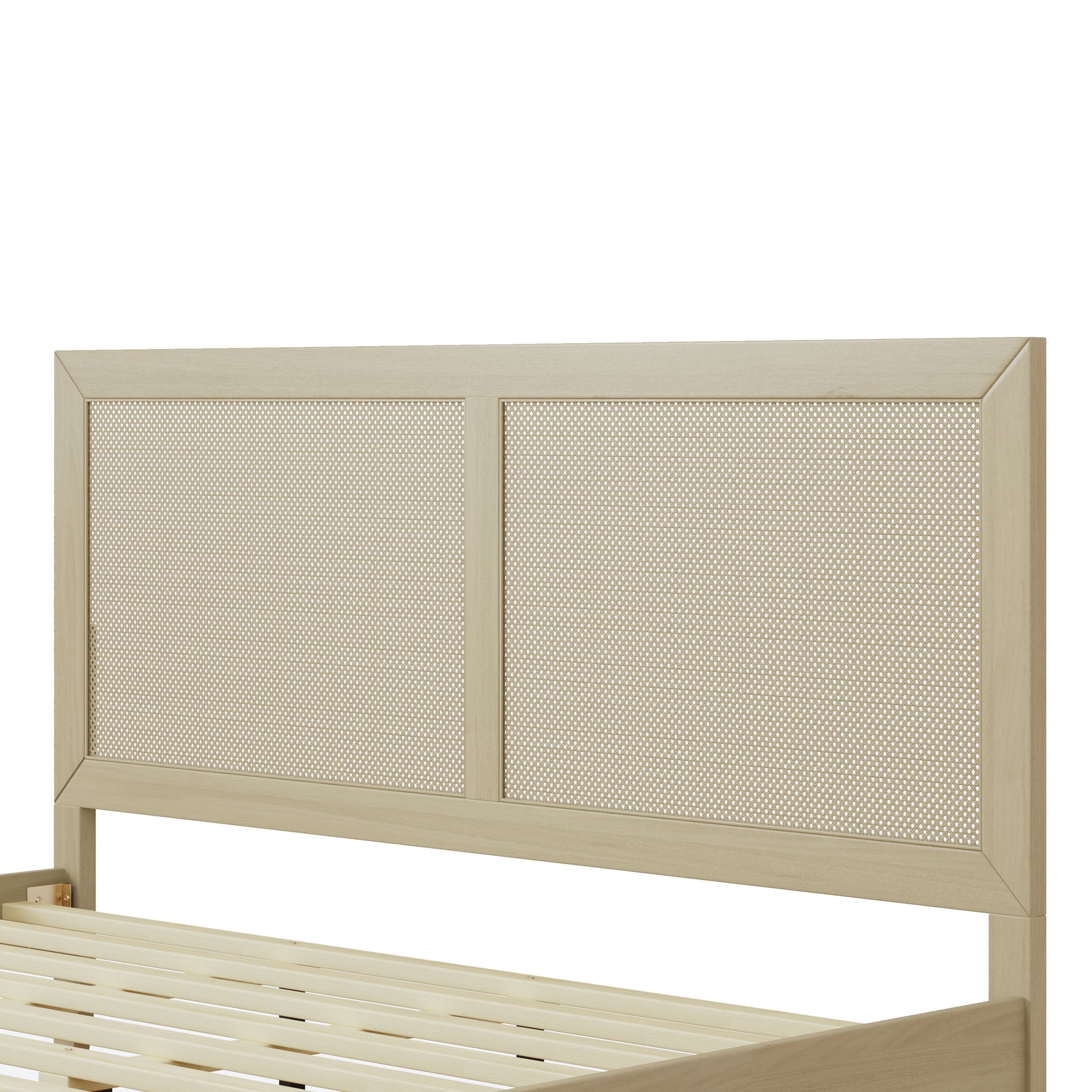California King solid wood bed with caned rattan panels, light finish, HouseOfZazla platform bed on Tampa Home & Garden Store
