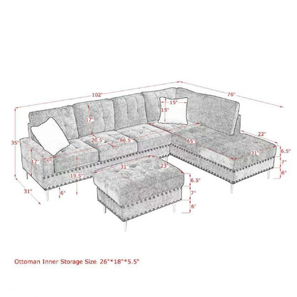 L Shaped Sofa with Chaise and Storage Ottoman