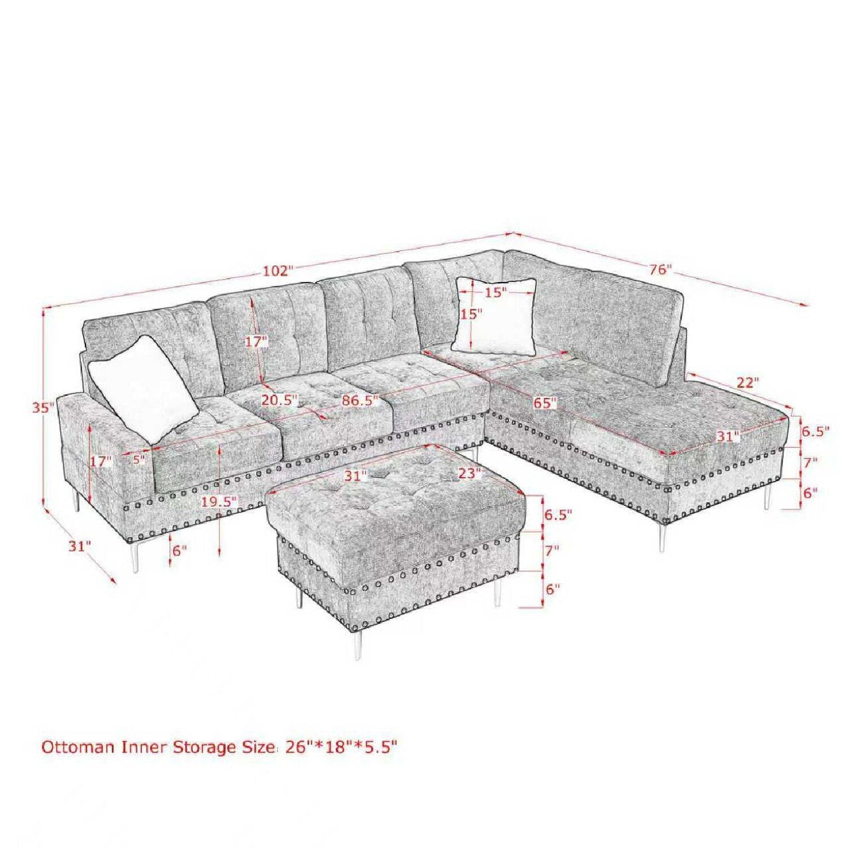 2-piece L-shaped sectional with chaise and storage ottoman, grey, includes 2 pillows on Tampa Home & Garden Store