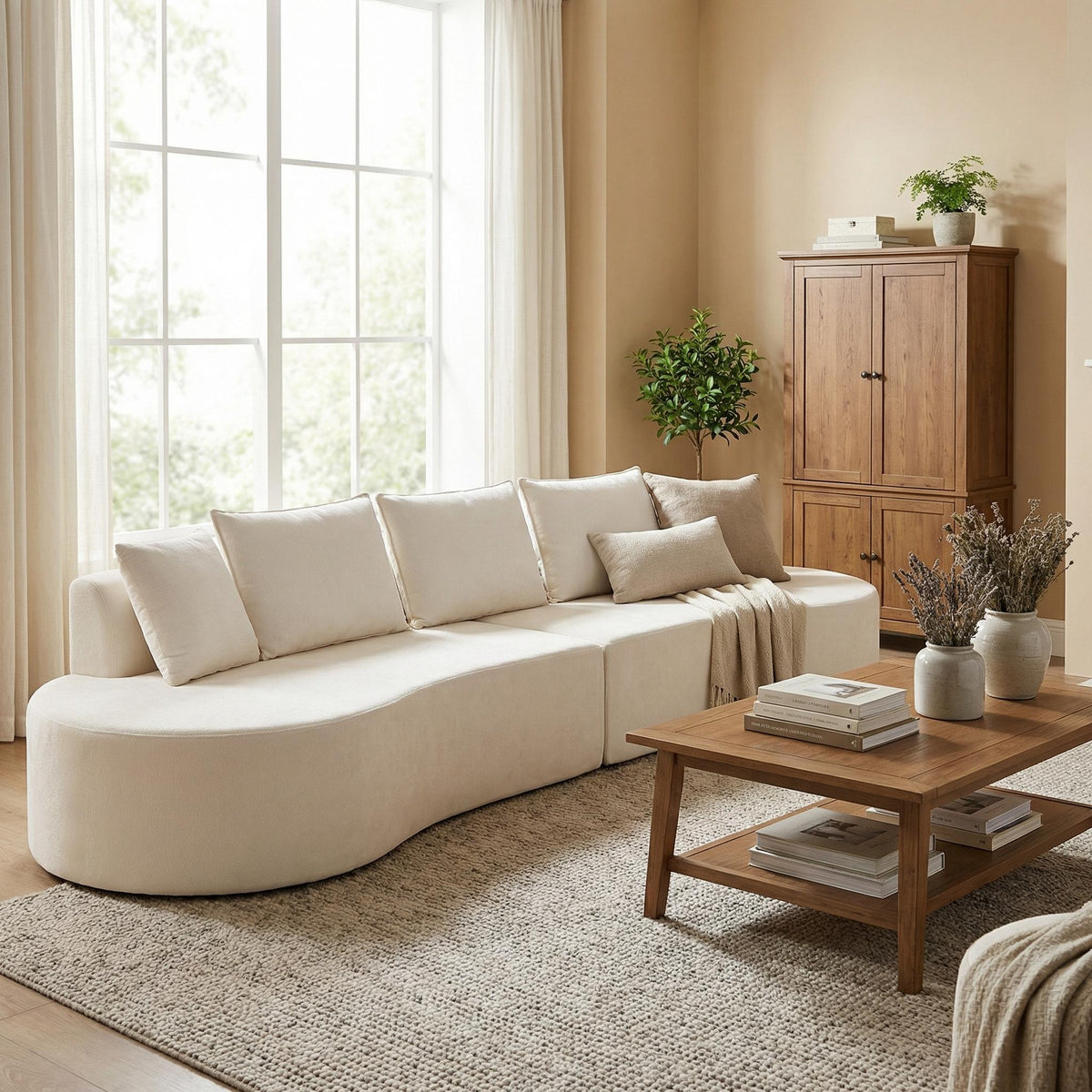 HouseOfZazla 138.6-inch Modern Curved Modular Sectional Sofa in beige fabric on Tampa Home & Garden Store