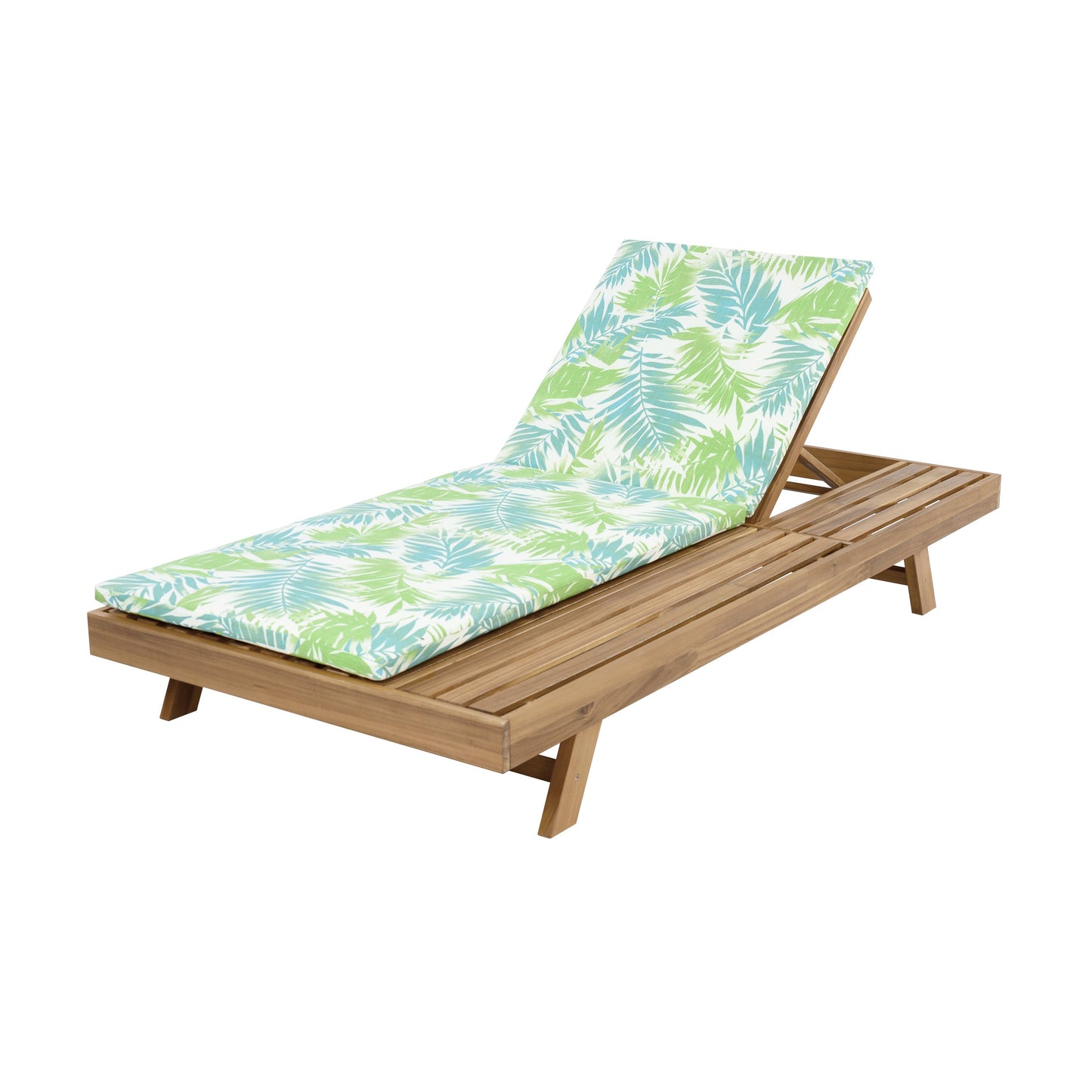 Outdoor Lounge Chaise by HouseOfZazla — light brown acacia wood, leaf coconut cushions, 2in thick on Tampa Home & Garden Store