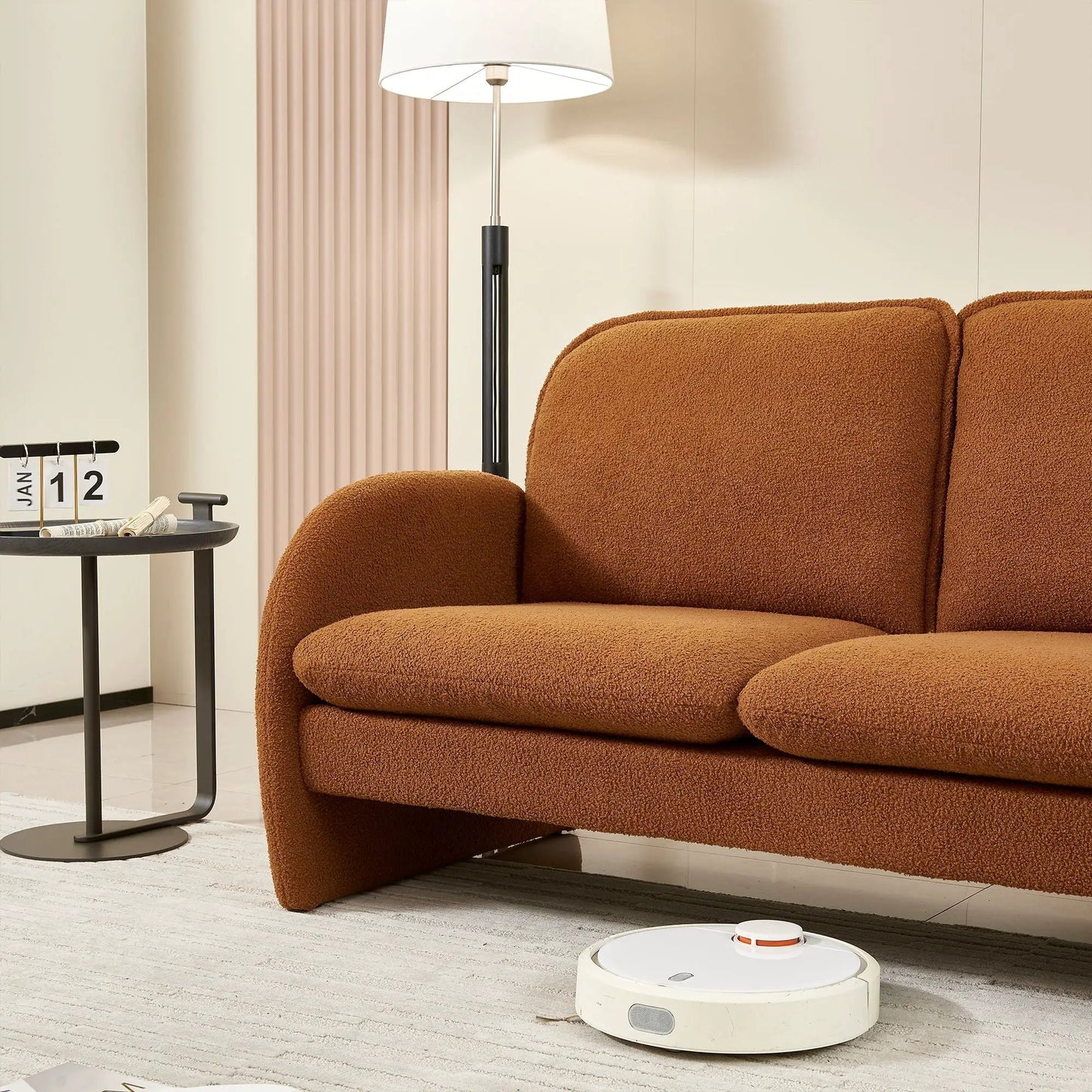 Sherpa fabric small loveseat sofa in warm brown with rounded arms on Tampa Home & Garden Store