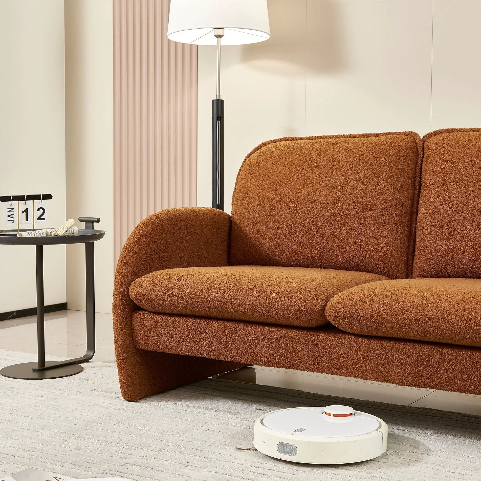 Sherpa fabric small loveseat sofa in warm brown with rounded arms on Tampa Home & Garden Store