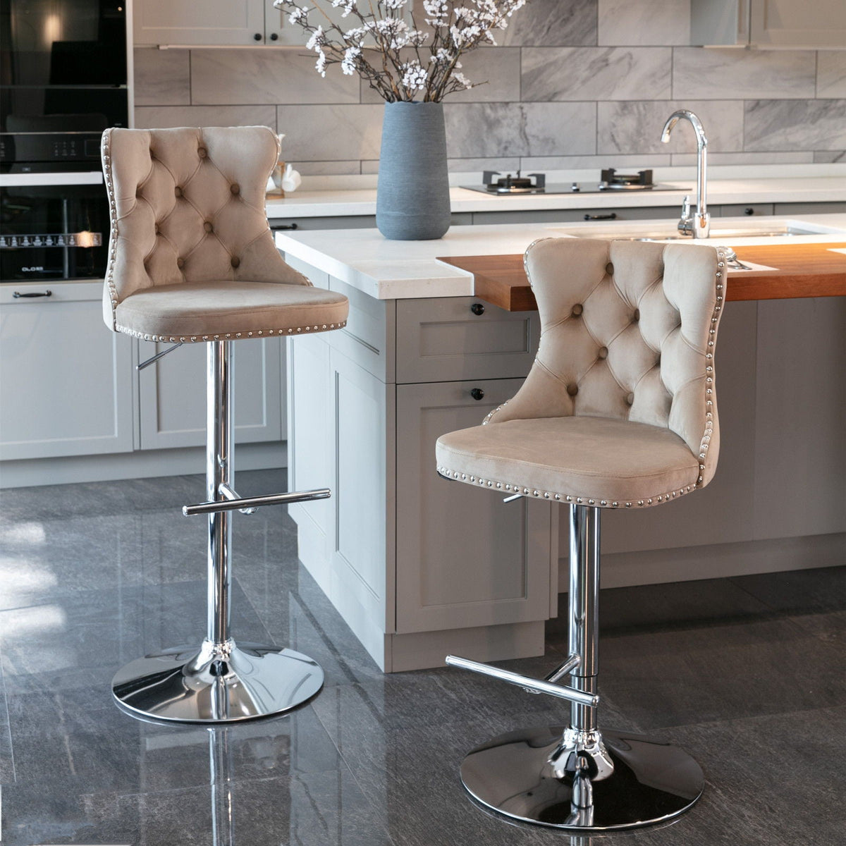 Swivel barstools set of 2 in beige tufted upholstery with chrome bases by HouseOfZazla on Tampa Home & Garden Store