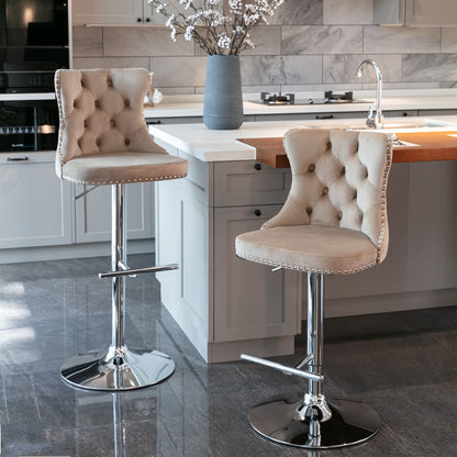Swivel barstools set of 2 in beige tufted upholstery with chrome bases by HouseOfZazla on Tampa Home & Garden Store