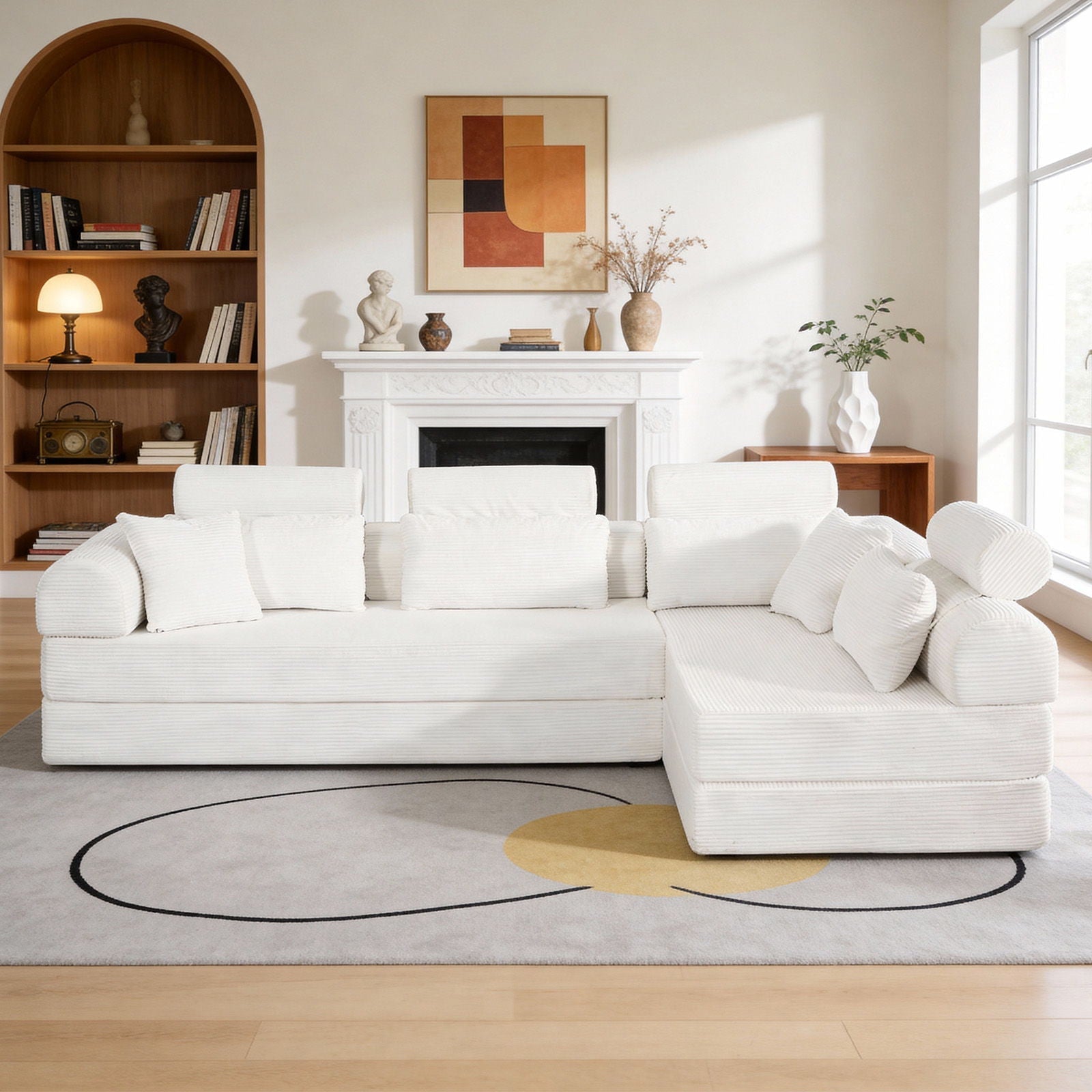 Modern L-Shape modular stationary sectional sofa in white fabric with plush cushions on Tampa Home & Garden Store