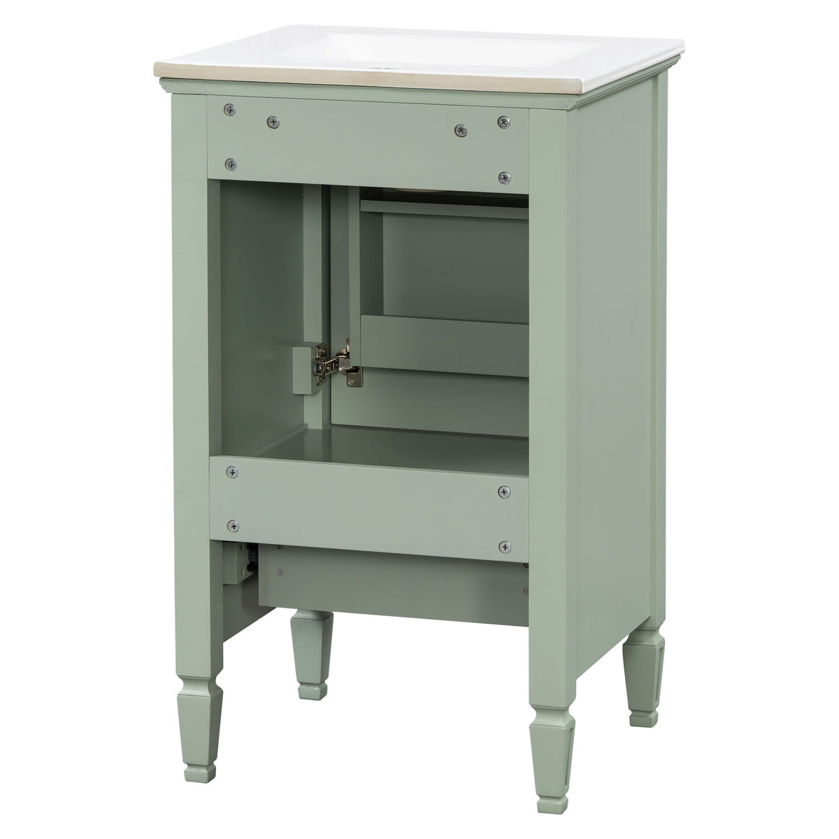 Retro bathroom vanity with sink by HouseOfZazla in sage green, white countertop, soft-closing doors on Tampa Home & Garden Store