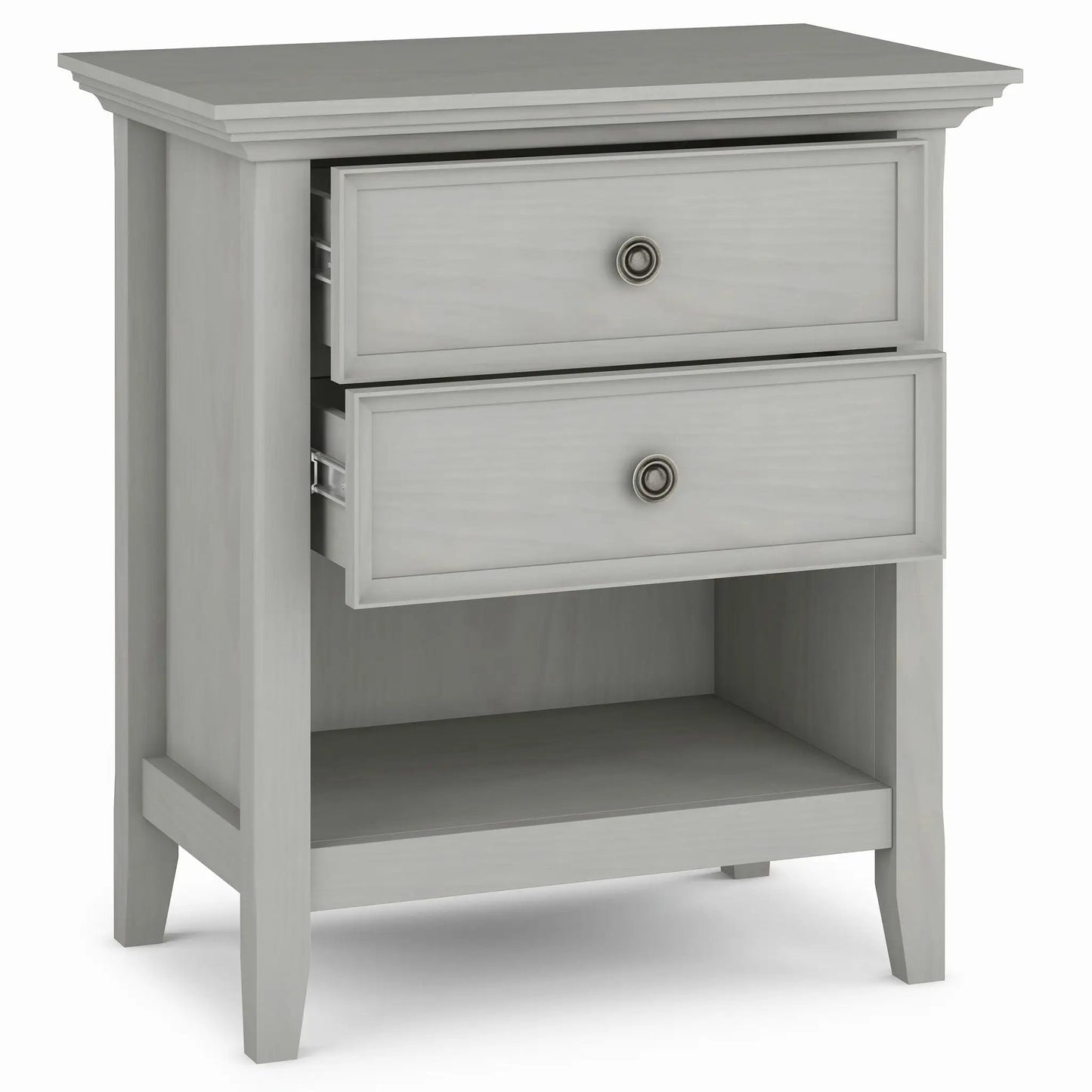 Amherst Bedside Table Handcrafted, light gray wood with beveled top and round metal pulls on Tampa Home & Garden Store