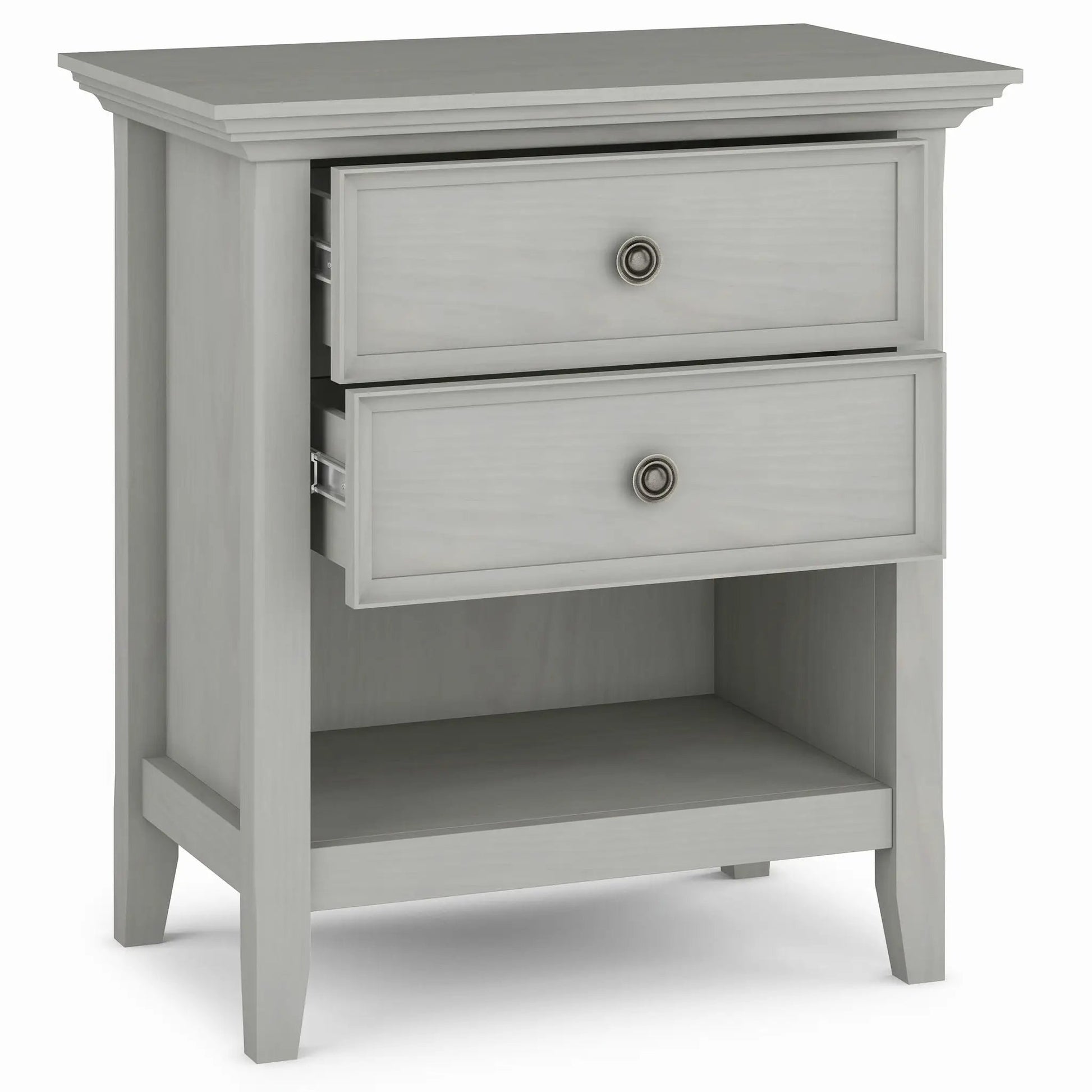 Amherst Bedside Table Handcrafted, light gray wood with beveled top and round metal pulls on Tampa Home & Garden Store