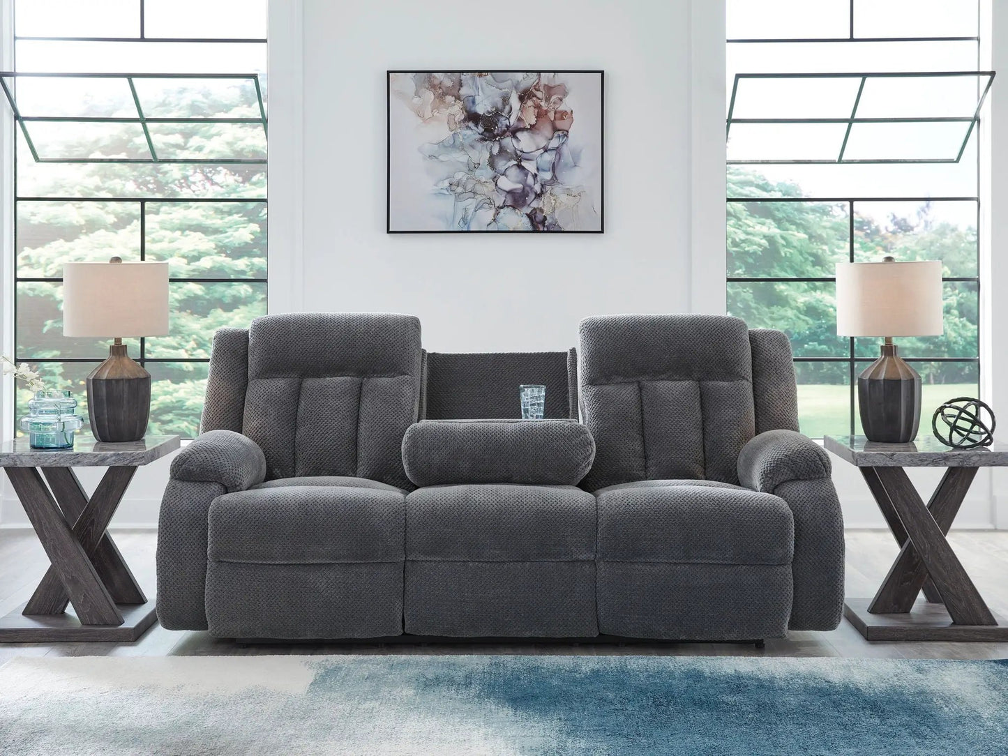 Observation reclining power sofa with drop-down table in steel gray fabric by Unique Piece Furniture on Tampa Home & Garden Store