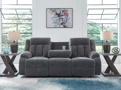 Observation reclining power sofa with drop-down table in steel gray fabric by Unique Piece Furniture on Tampa Home & Garden Store