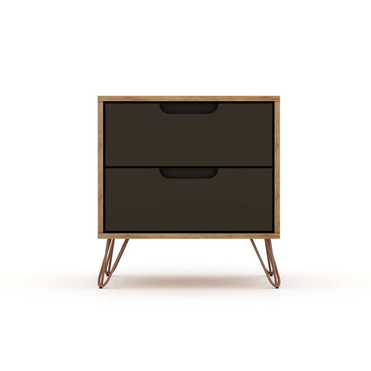 2-drawer nightstand in oak frame with dark charcoal drawers on copper splayed legs on Tampa Home & Garden Store