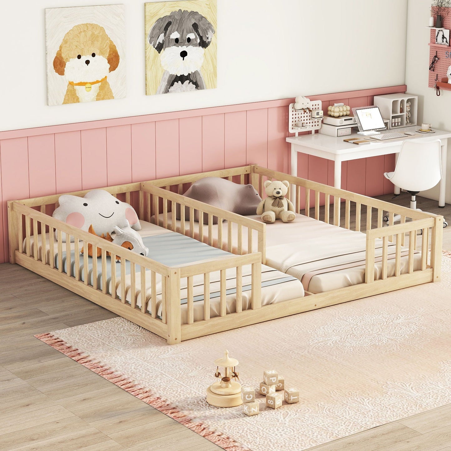 Solid Double Floor Bed With Guardrails and Fence