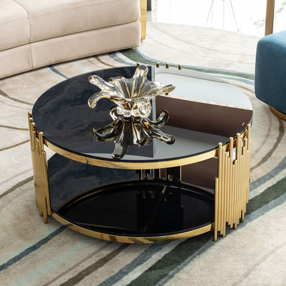 Elegant round table with double-layer glass top, black glass and gold frame HouseOfZazla on Tampa Home & Garden Store