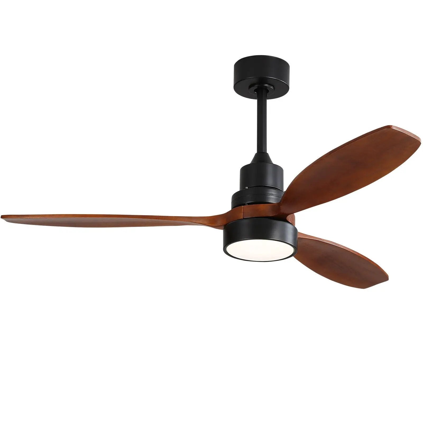 Ceiling fan by Unique Piece Furniture with dark housing, solid wood blades, LED light, remote on Tampa Home & Garden Store