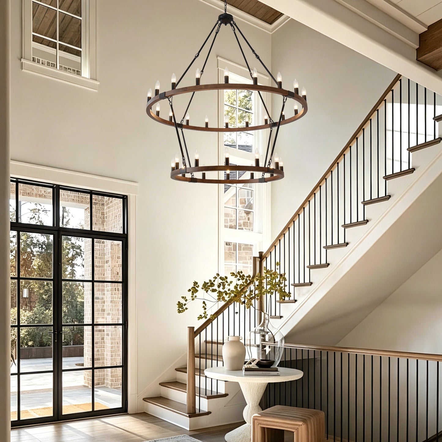 Large solid wood wagon wheel chandelier two-tier 32-light design with candle bulbs on Tampa Home & Garden Store