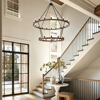 Large solid wood wagon wheel chandelier two-tier 32-light design with candle bulbs on Tampa Home & Garden Store