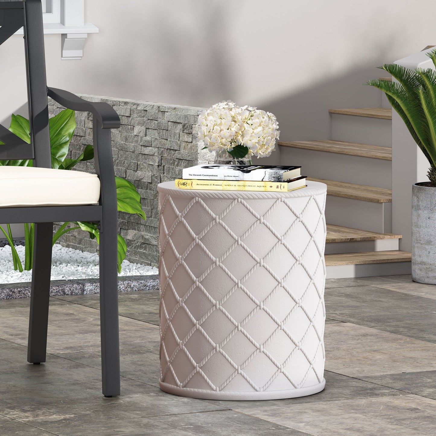 Nautical Rope Outdoor End Table In Antique White