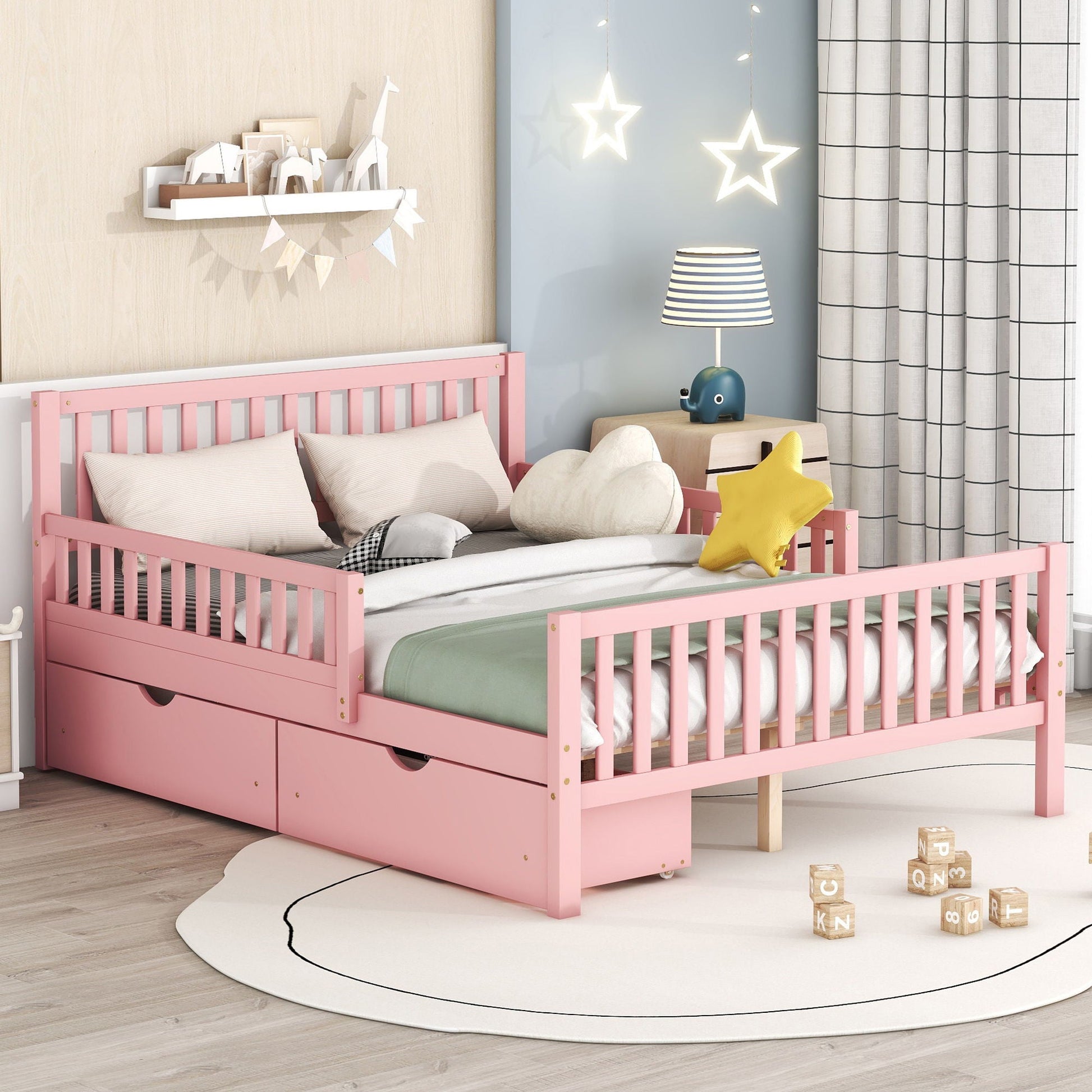 Pink platform bed with guardrails on both sides and two storage drawers HouseOfZazla on Tampa Home & Garden Store