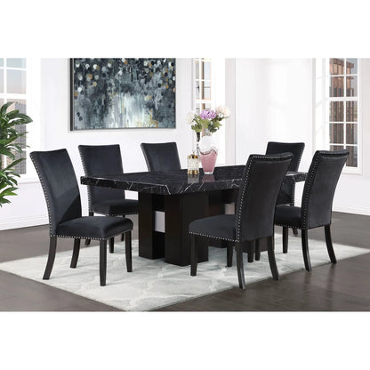 Jhoanna dining chairs, black upholstered with nailhead trim, 8 around a black marble table on Tampa Home & Garden Store