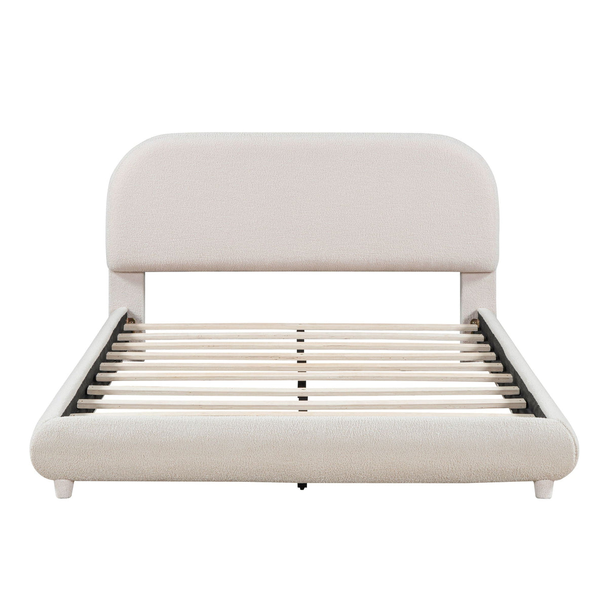 Upholstered platform bed with thick beige frame and curved headboard by HouseOfZazla on Tampa Home & Garden Store