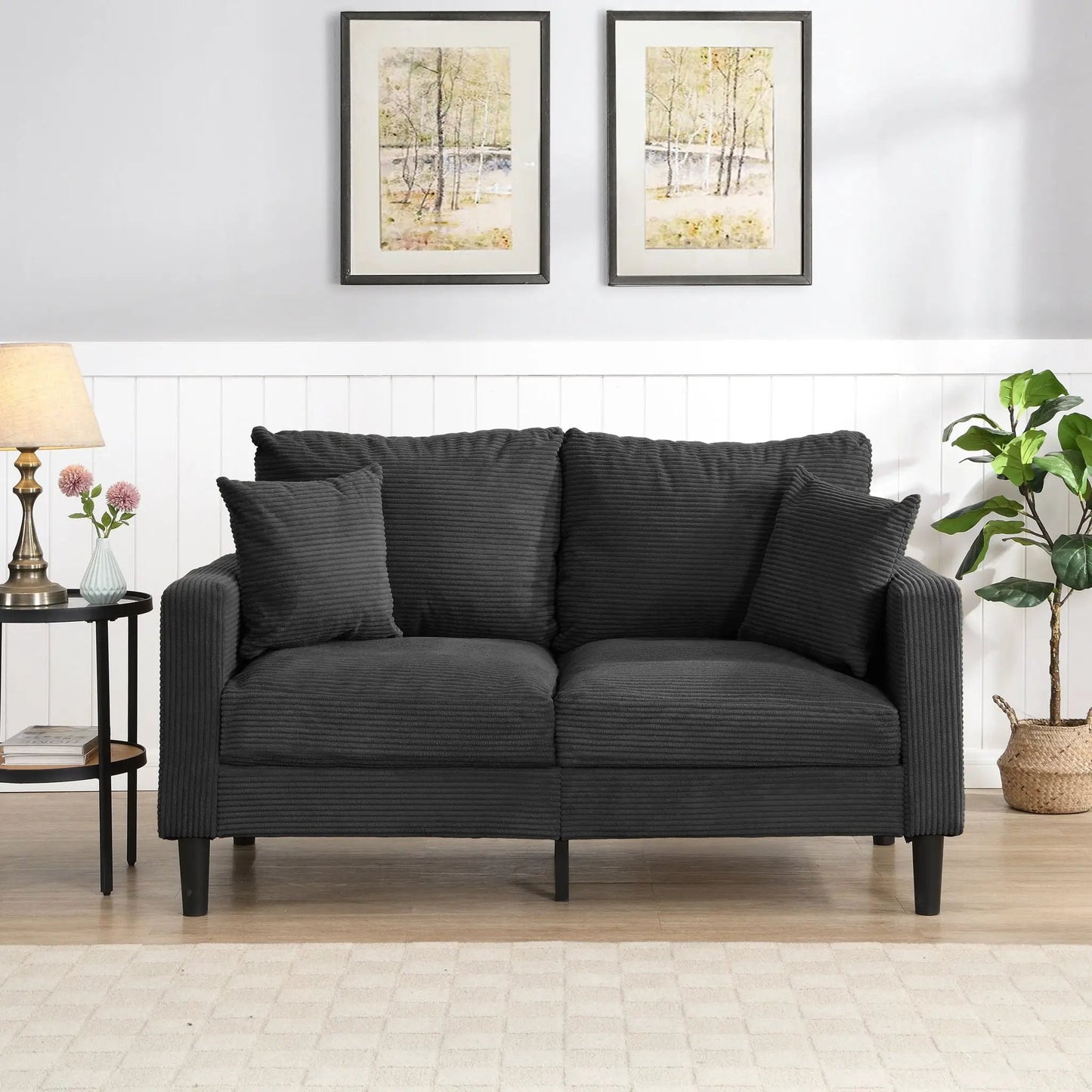 Modern Upholstered Loveseat Sofa, high resilience, black ribbed fabric, two-seater on Tampa Home & Garden Store