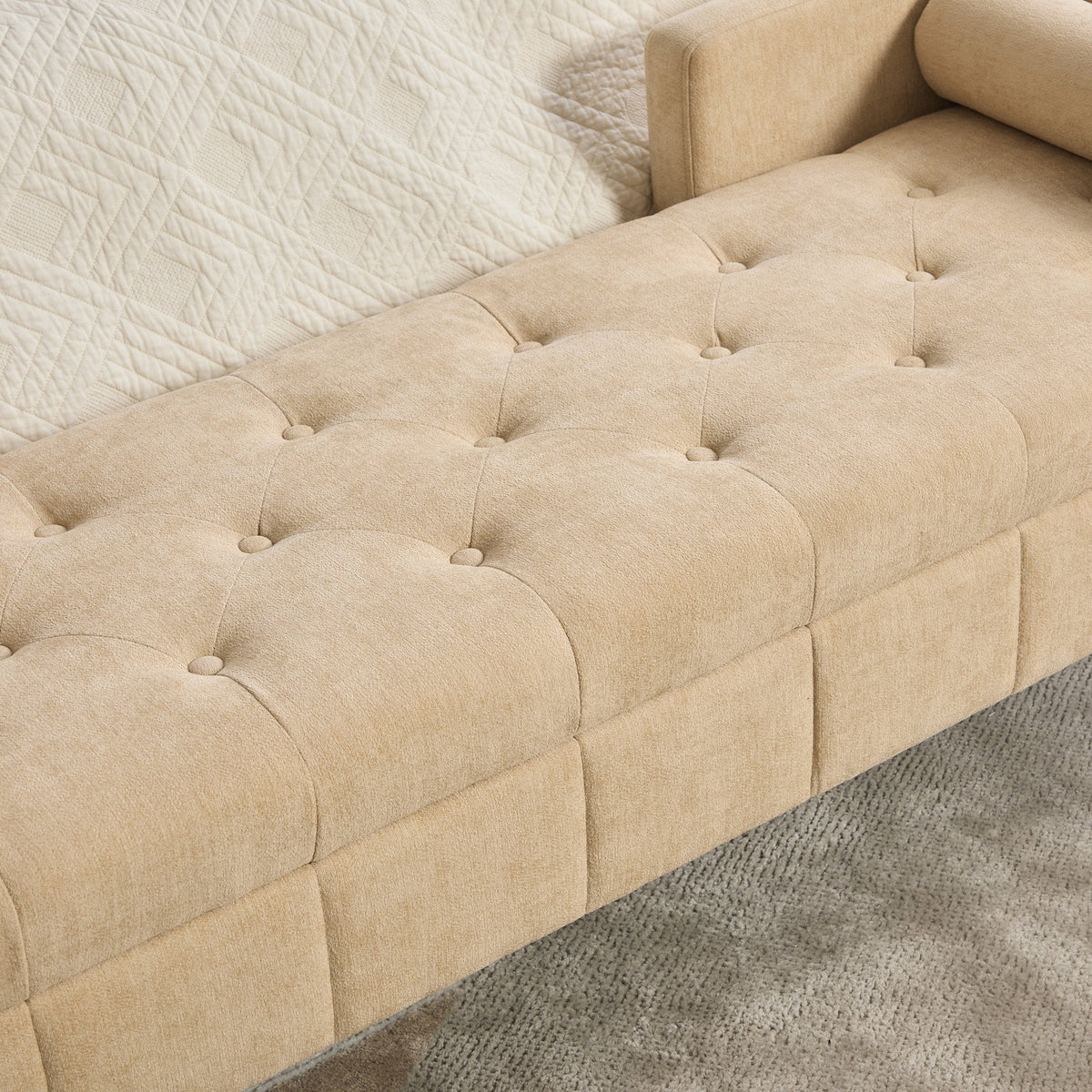 64.6W Upholstered chenille flip-top storage end-of-bed bench beige tufted by HouseOfZazla on Tampa Home & Garden Store